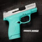 Smith and Wesson M&P Shield Plus Pistol Tiffany Blue Frame Satin Aluminum Slide